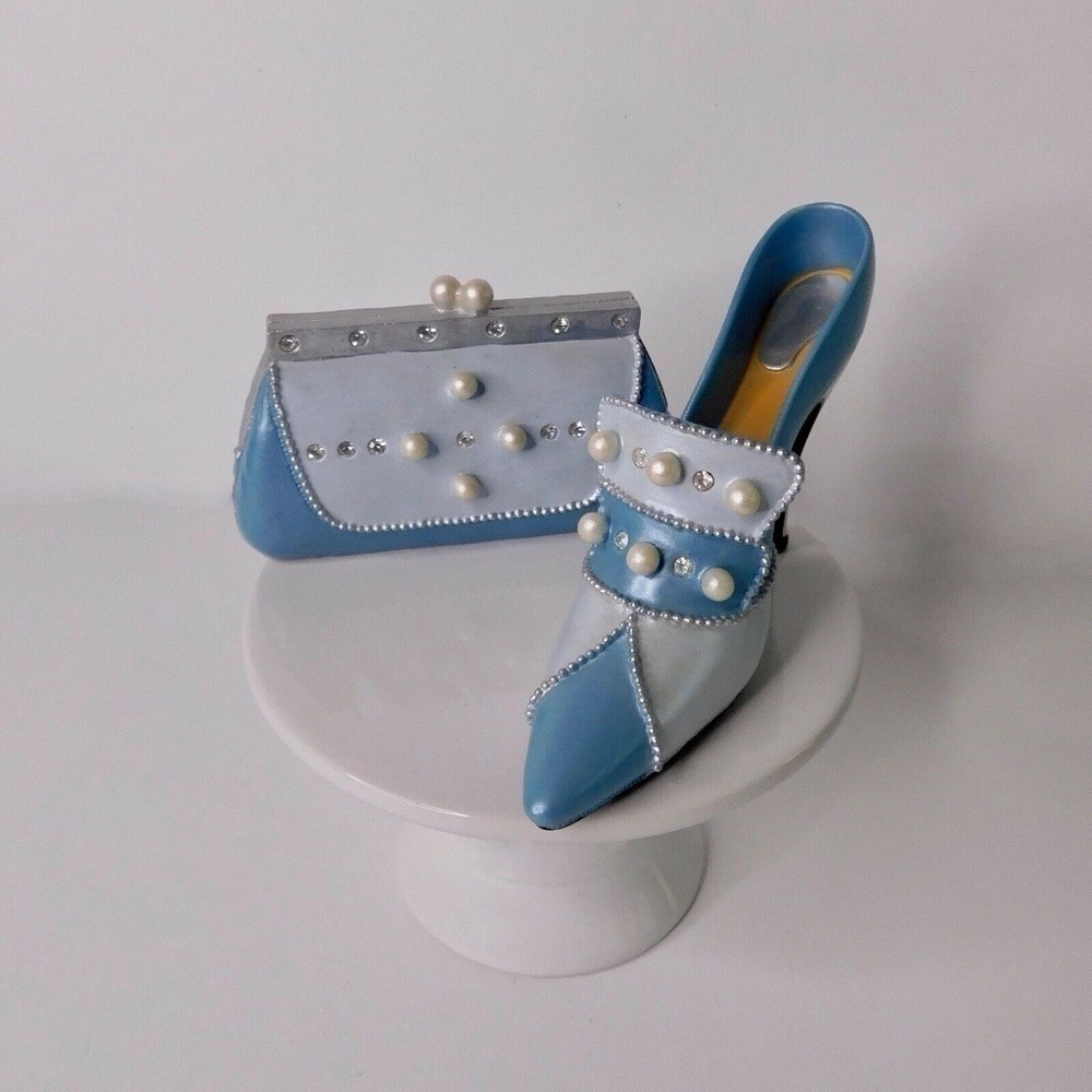 AVON "All Dressed Up" Blue Pearl Pump Shoe & Handbag Set of Two Fashion Figurine
